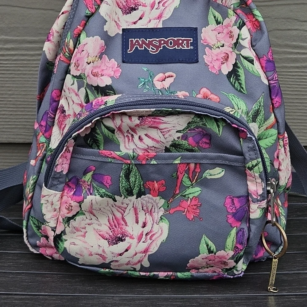 Jansport Backpack Half Pint Mini Bag Backpack Floral Print Gray Pink Purse CLEAN